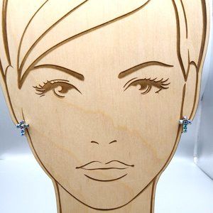 Vintage Dainty Crystal Cross Earrings with Blue AB Sparkle, Classic Tiny Screw